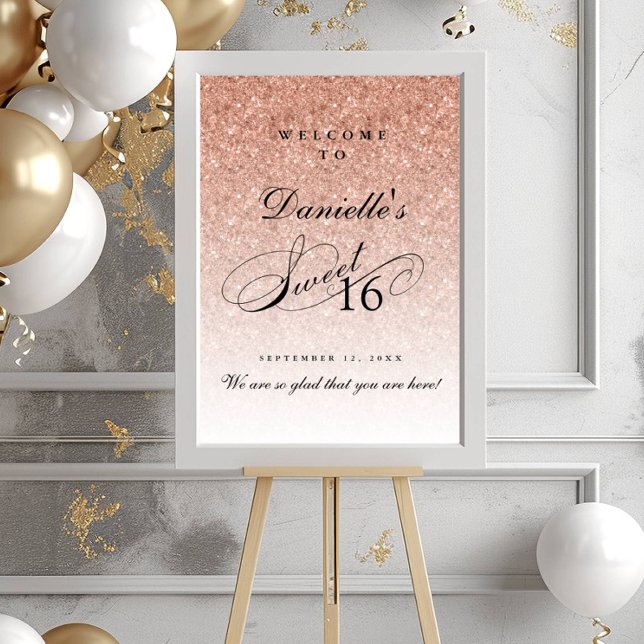 Rose Gold Glitzer Sweet 16 Personalisierter Empfan Poster (Von Creator hochgeladen)