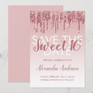 Rose Gold Glitzer Sweet 16 Save the Date Einladung