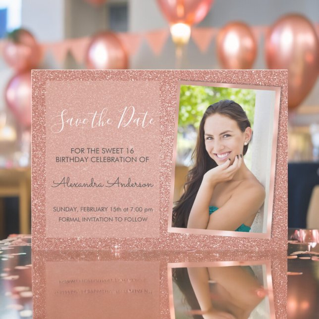 Rose Gold Glitzer Sweet 16 Save the Date Einladung (Von Creator hochgeladen)