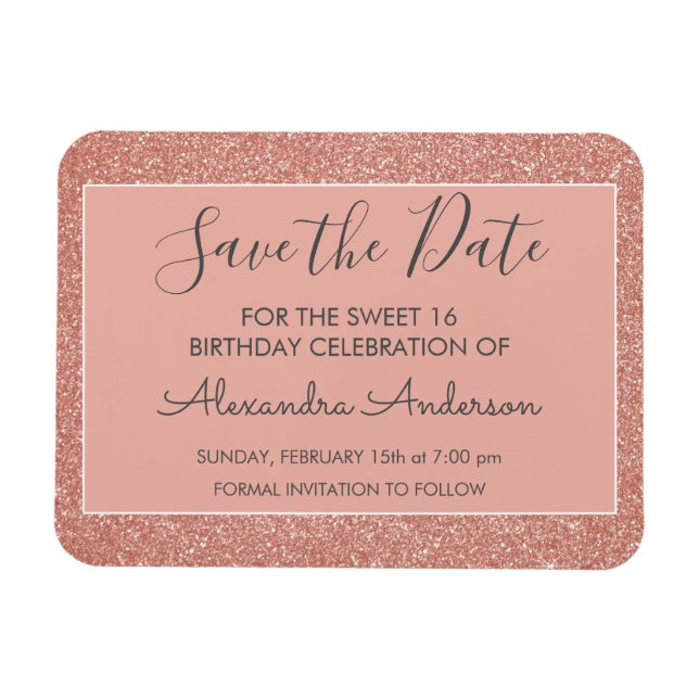 Rose Gold Glitzer Sweet 16 Save the Date Magnet (Horizontal)