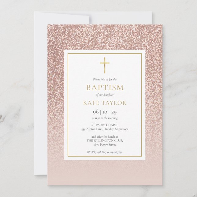 Rose Gold Glitzer Taufe Christening Einladung (Vorderseite)