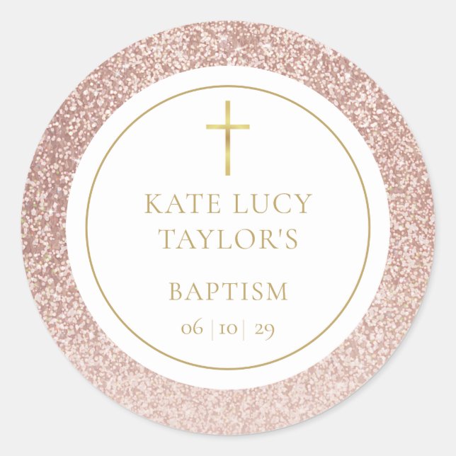 Rose Gold Glitzer Taufe Christening Runder Aufkleber (Vorderseite)