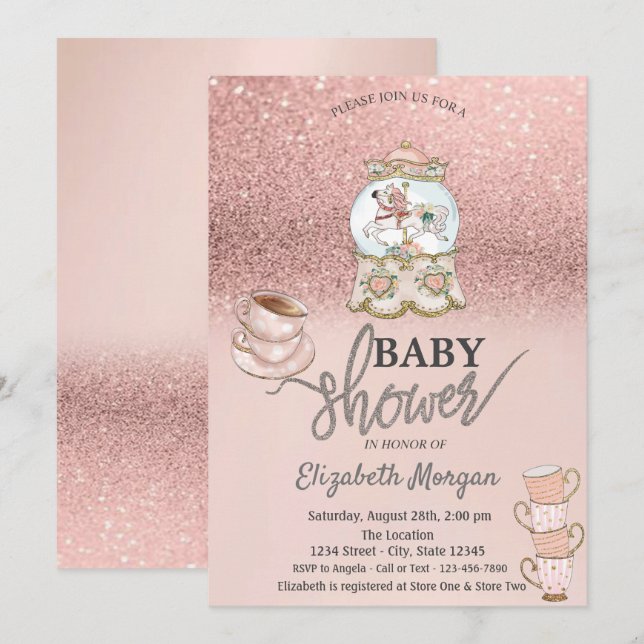 Rose Gold Glitzer Tee Party Kinderdusche Einladung (Vorne/Hinten)