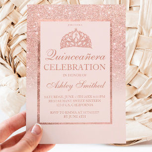 Rose Gold Glitzer Tiara elegante Chic Quinceañera  Einladung