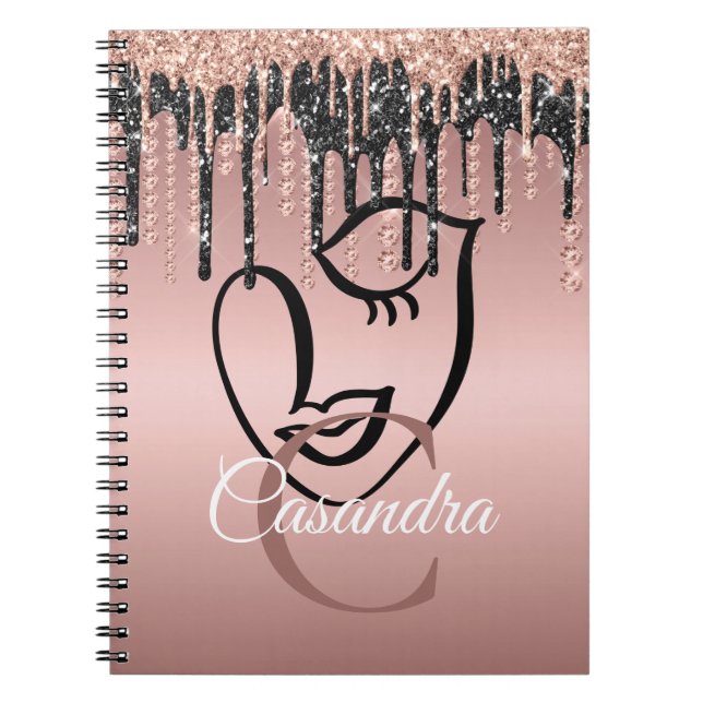 Rose Gold Glitzer Tropfen Abstrakt Lashes Monogram Notizblock (Vorderseite)