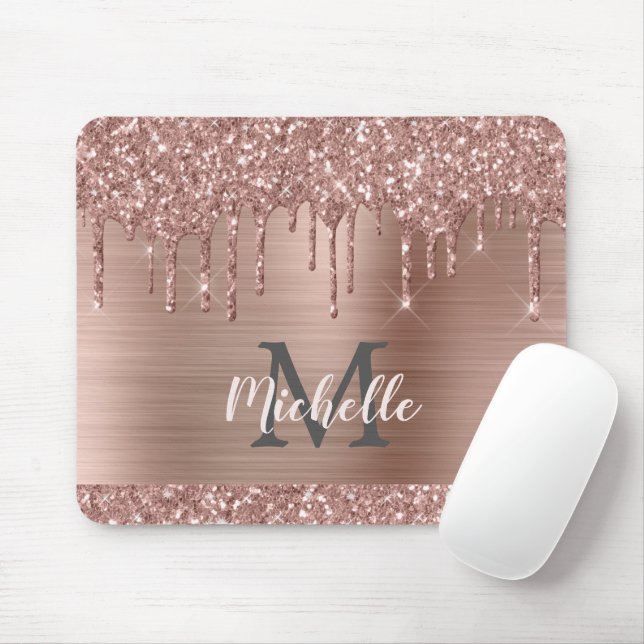 Rose Gold Glitzer Tropfen auf rosa Metalnamen Mousepad (Mit Mouse)