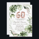 Rose Gold Glitzer Tropfen Blätter 60. Geburtstag Einladung<br><div class="desc">Aquarellfarbene tropische Blätter mit Glitzer-Tropfen auf einer Rose goldenen Hintergrund.</div>