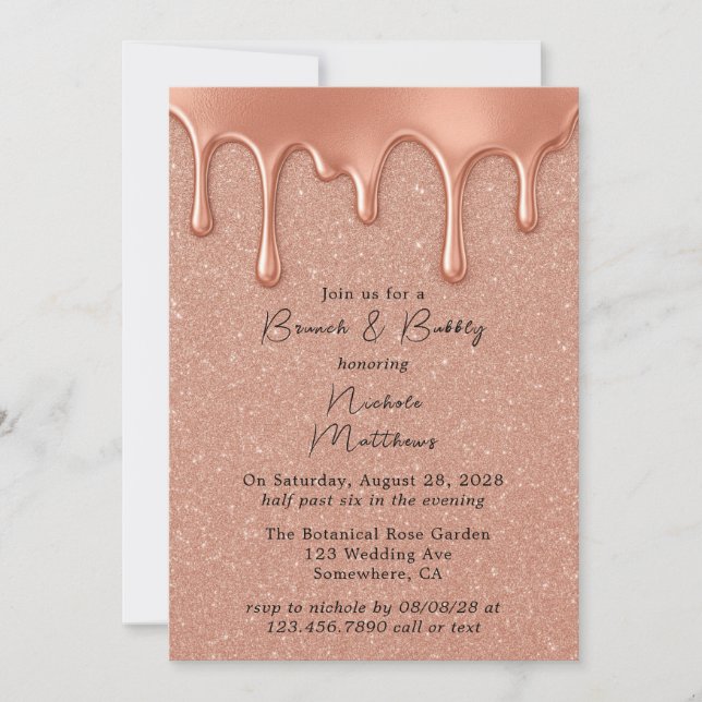 Rose Gold Glitzer & Tropfen Brunch & Bubbly Einladung (Vorderseite)