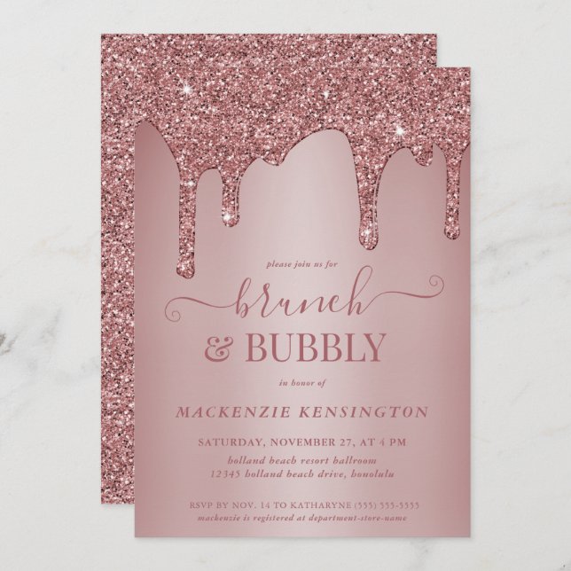 Rose Gold Glitzer Tropfen Brunch Bubbly Showdusche Einladung (Vorne/Hinten)