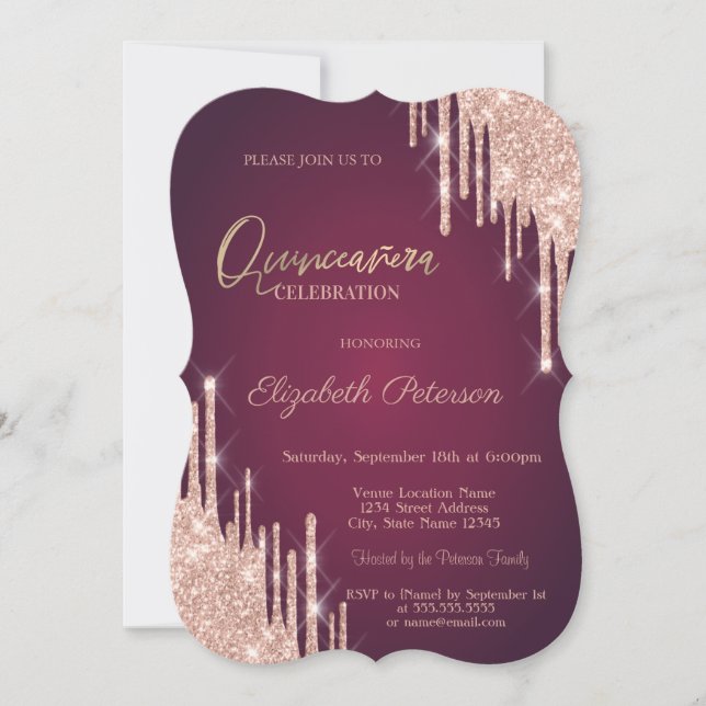 Rose Gold Glitzer Tropfen Burgundy Quinceanera Einladung (Vorderseite)