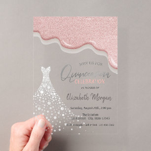 Rose Gold Glitzer Tropfen Diamond Dress Quinceañer Acryleinladungen