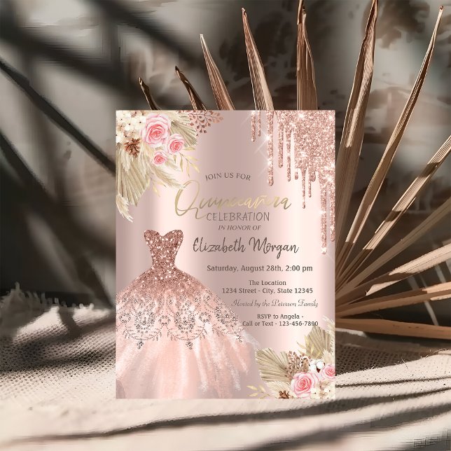Rose Gold Glitzer Tropfen Dress Blume Quinceañera Einladung (Von Creator hochgeladen)