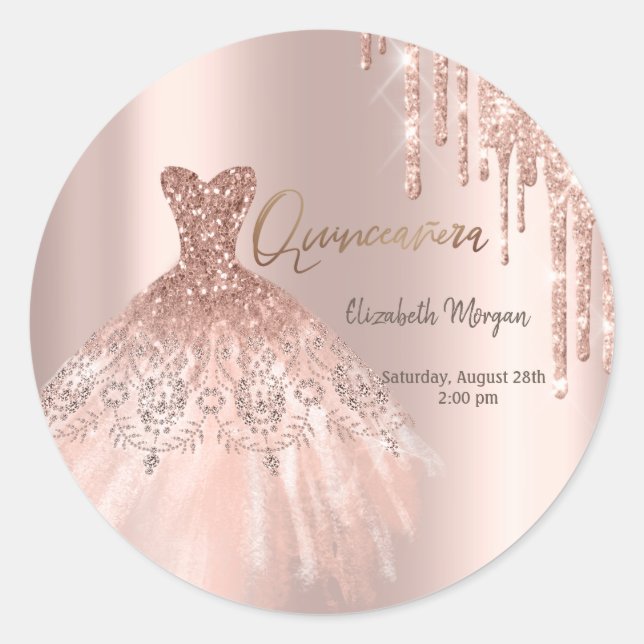 Rose Gold Glitzer Tropfen Dress Quinceañera Runder Aufkleber (Vorderseite)
