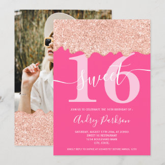 Rose Gold Glitzer Tropfen Foto Neon pink Sweet 16 Einladung