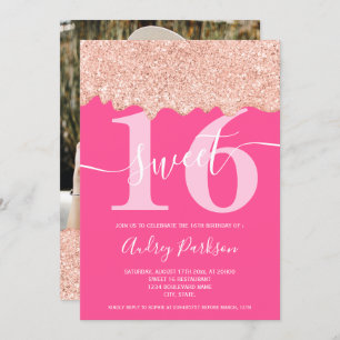Rose Gold Glitzer Tropfen Foto Neon Rosa Süß 16 Einladung