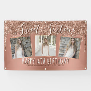 Rose Gold Glitzer Tropfen FotoCollage 16. Geburtst Banner