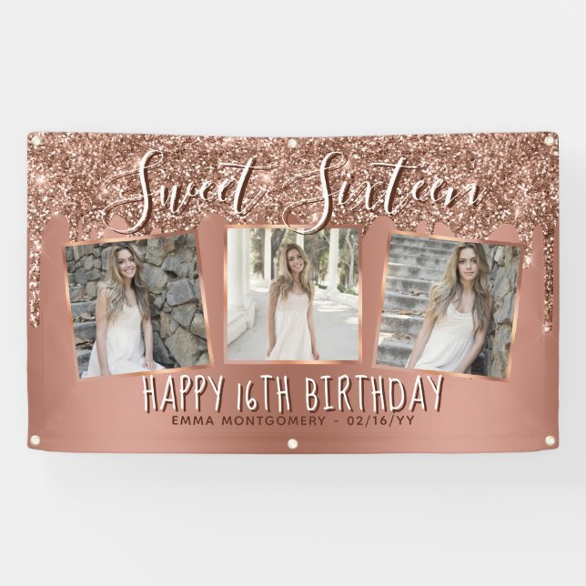 Rose Gold Glitzer Tropfen FotoCollage 16. Geburtst Banner (Horizontal)