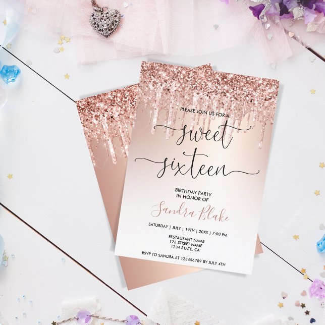 Rose Gold Glitzer Tropfen Girly Modern Sweet 16 Einladung (Von Creator hochgeladen)