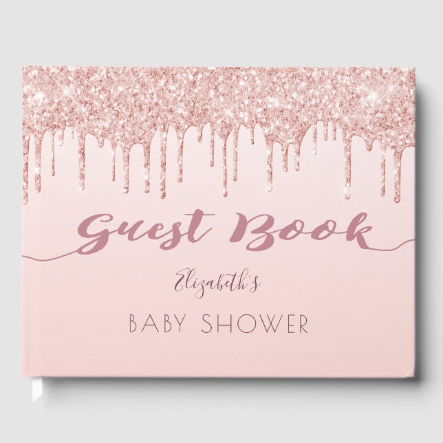 Rose Gold Glitzer Tropfen Glam Kinderdusche Gästebuch (Vorderseite)