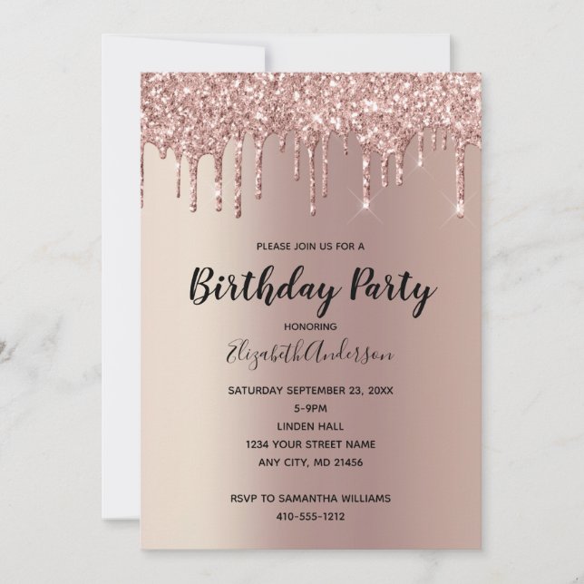 Rose Gold Glitzer Tropfen Glam Trendy Birthday Einladung (Vorderseite)