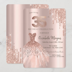 Rose Gold Glitzer Tropfen Kleid 35. Geburtstagsfei Einladung