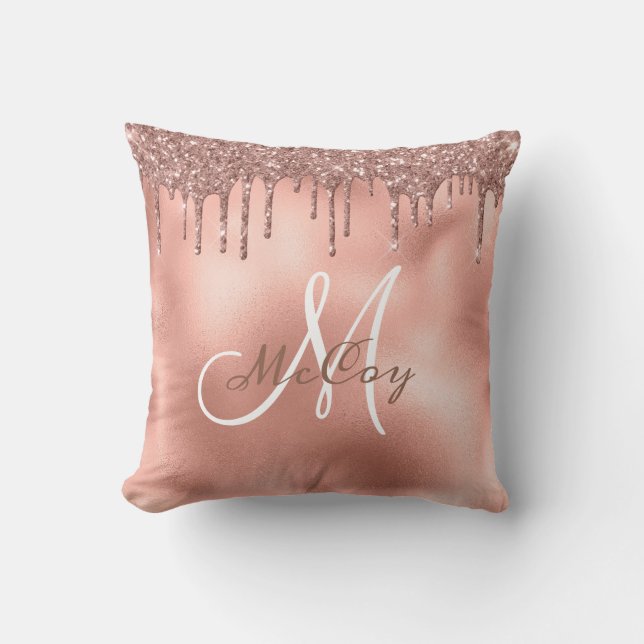 Rose Gold Glitzer Tropfen Monogram Familienname Kissen (Vorderseite)