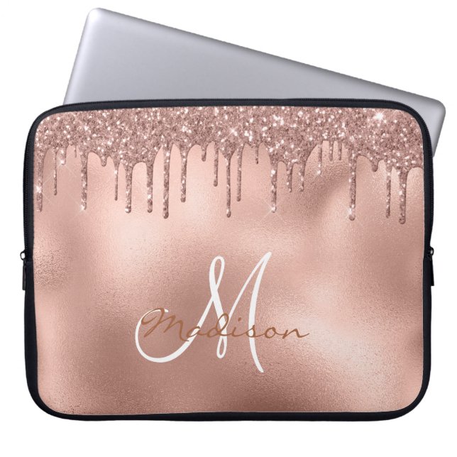 Rose Gold Glitzer Tropfen Monogram Laptopschutzhülle (Vorderseite)