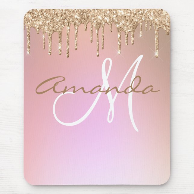 Rose Gold Glitzer Tropfen Monogram Mousepad (Vorne)