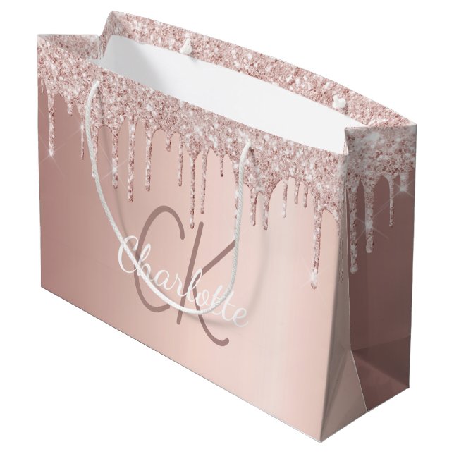 Rose Gold Glitzer Tropfen Monogramm-Drehbuch elega Große Geschenktüte (Rückseite Schrägansicht)
