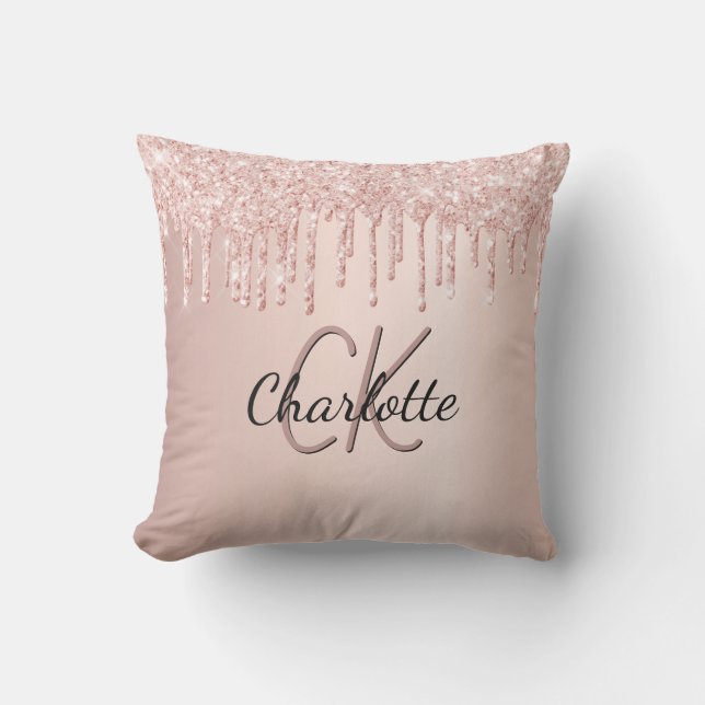 Rose Gold Glitzer Tropfen Monogramm Name Kissen (Vorderseite)