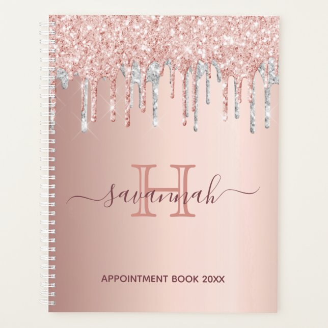 Rose Gold Glitzer Tropfen Monogramm Planer (Vorderseite)