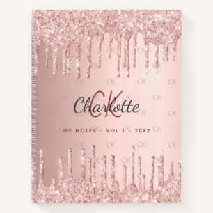 Rose Gold Glitzer Tropfen Monogramm-Skript Notizbuch