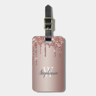 Rose Gold Glitzer Tropfen Monogramm Vertikal Gepäckanhänger
