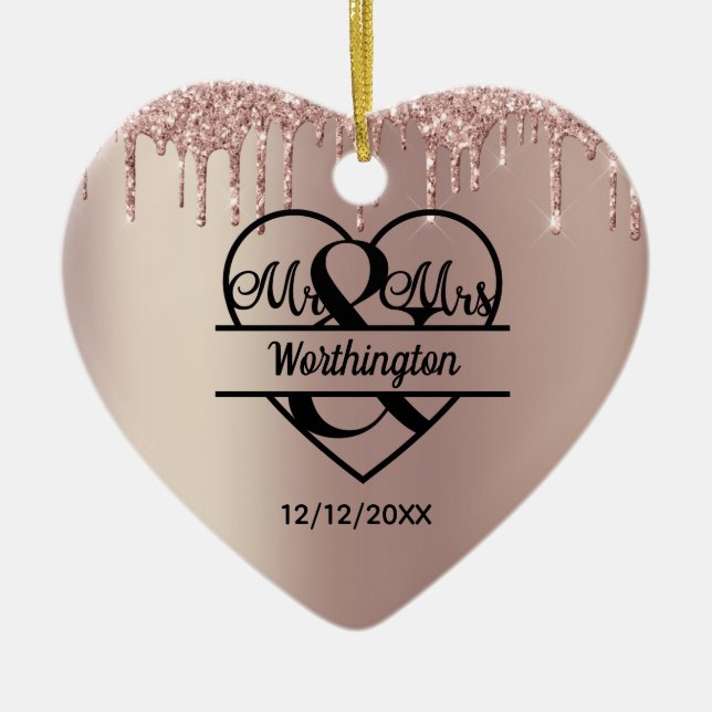 Rose Gold Glitzer Tropfen Mr. und Mrs. Heart Weddi Keramik Ornament (Vorne)