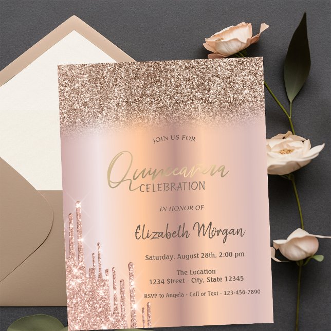 Rose Gold Glitzer Tropfen Ombre Quinceañera Einladung (Von Creator hochgeladen)