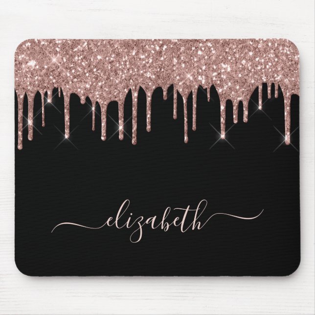 Rose Gold Glitzer Tropfen Personalisiert Black Mousepad (Vorne)