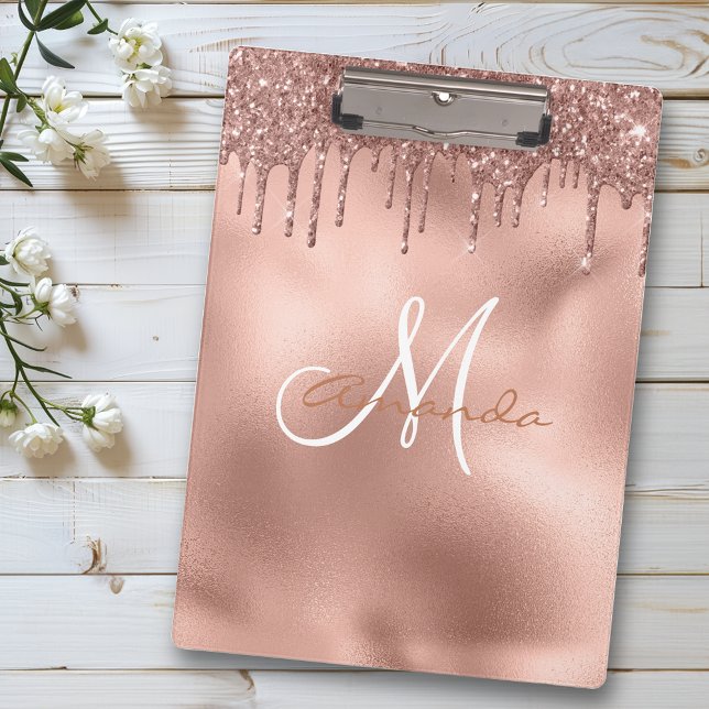 Rose Gold Glitzer Tropfen Personalisiert Monogram Klemmbrett (Von Creator hochgeladen)