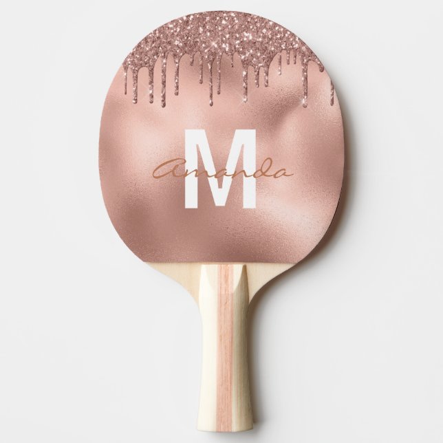 Rose Gold Glitzer Tropfen Personalisiert Monogram Tischtennis Schläger (Vorderseite)