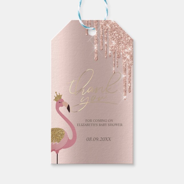 Rose Gold Glitzer Tropfen Pink Flamingo Baby Dusch Geschenkanhänger (Vorderseite)