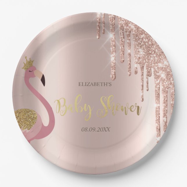 Rose Gold Glitzer Tropfen Pink Flamingo Baby Dusch Pappteller (Vorderseite)