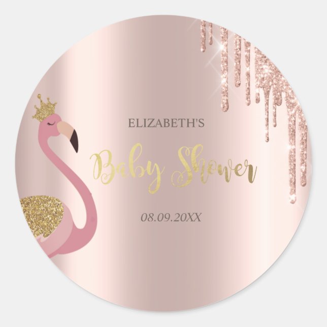 Rose Gold Glitzer Tropfen Pink Flamingo Baby Dusch Runder Aufkleber (Vorderseite)