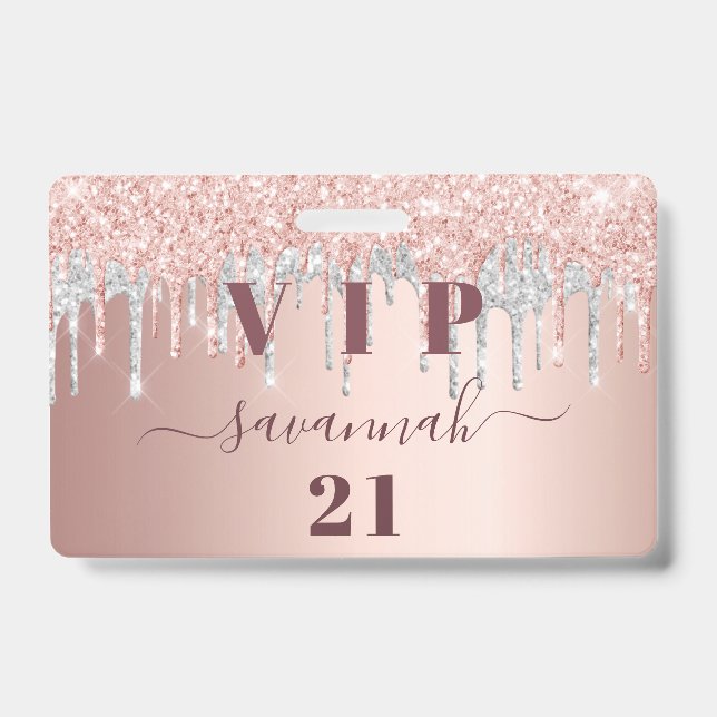 Rose Gold Glitzer Tropfen Pink Silber Vip Ausweis (Vorderseite)