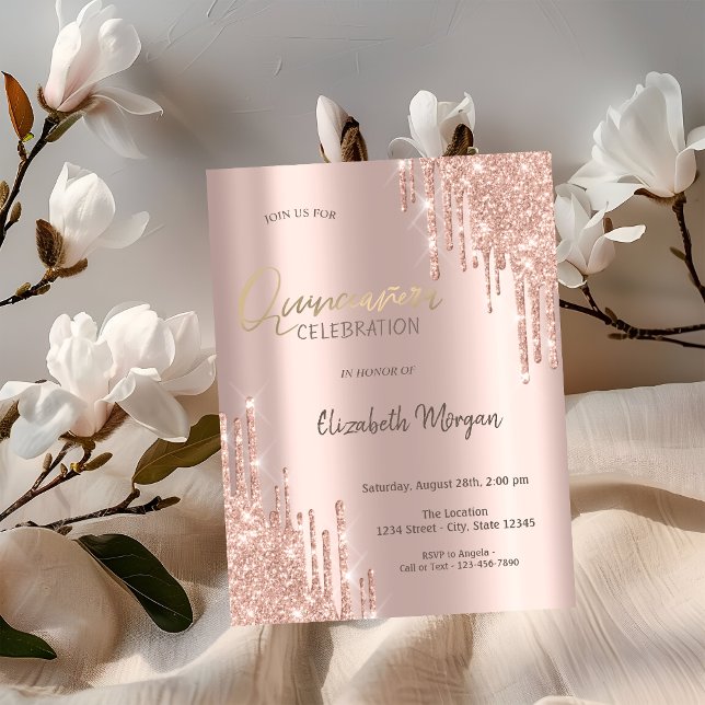 Rose Gold Glitzer Tropfen Quinceañera Einladung (Von Creator hochgeladen)