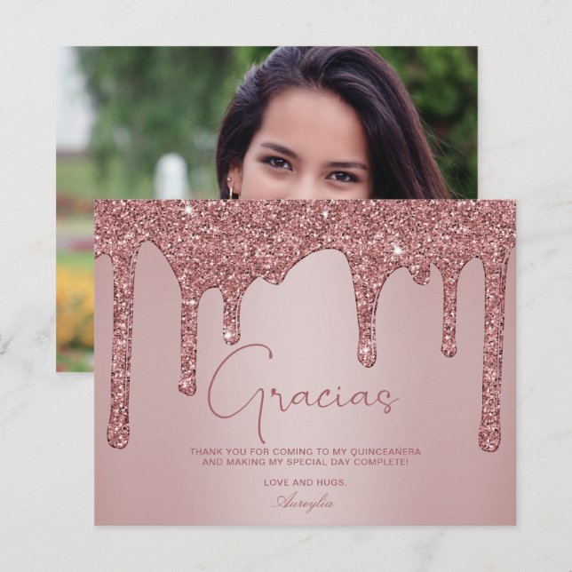 Rose Gold Glitzer Tropfen Quinceanera Gracias Dankeskarte (Vorne/Hinten)