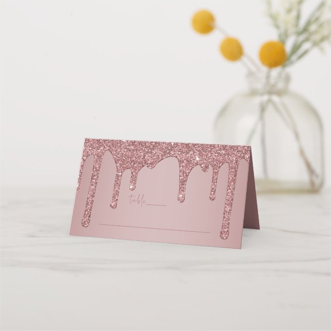 Rose Gold Glitzer Tropfen Quinceanera Platzkarte (Vorderseite)