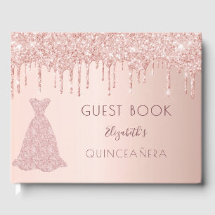 Rose Gold Glitzer Tropfen Rosa Gänse Quinceanera Gästebuch