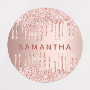 Rose Gold Glitzer Tropfen Rosa Monogramm Name Etiketten
