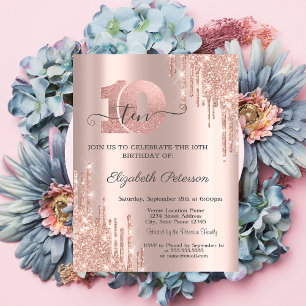 Rose Gold Glitzer Tropfen Rose Gold 10. Geburtstag Einladung