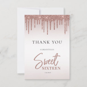 Rose Gold Glitzer Tropfen Script Sweet 16 Dankeskarte