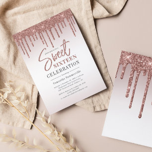 Rose Gold Glitzer Tropfen Script Sweet 16 Einladun